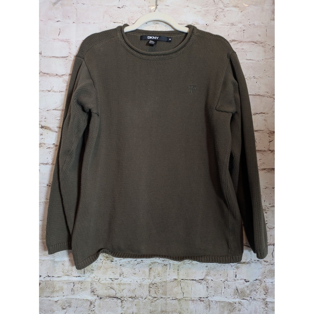 DKNY Roll Neck Sweater Men's Medium In Olive Green Cotton Pullover Logo